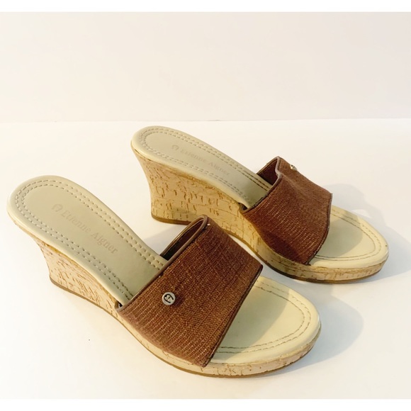 Etienne Aigner Cork Wedge Slides, Open Toe, Tan, 6